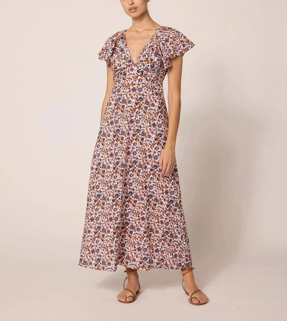 Cleobella Briar Ankle Floral Maxi Short Ruffle Flutter Sleeve Dress Maroon M